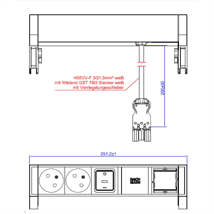 BACHMANN DESK2 white 2xUTE 1xSchalter 1xCM 0,2m GST18 RAL9010