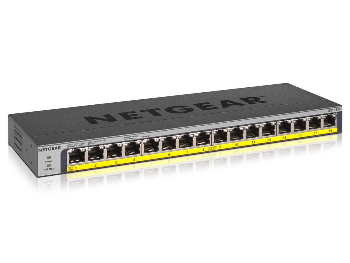 Netgear GS116PP Unmanaged Gigabit Ethernet (10/100/1000) Schwarz Power over Ethernet (PoE)