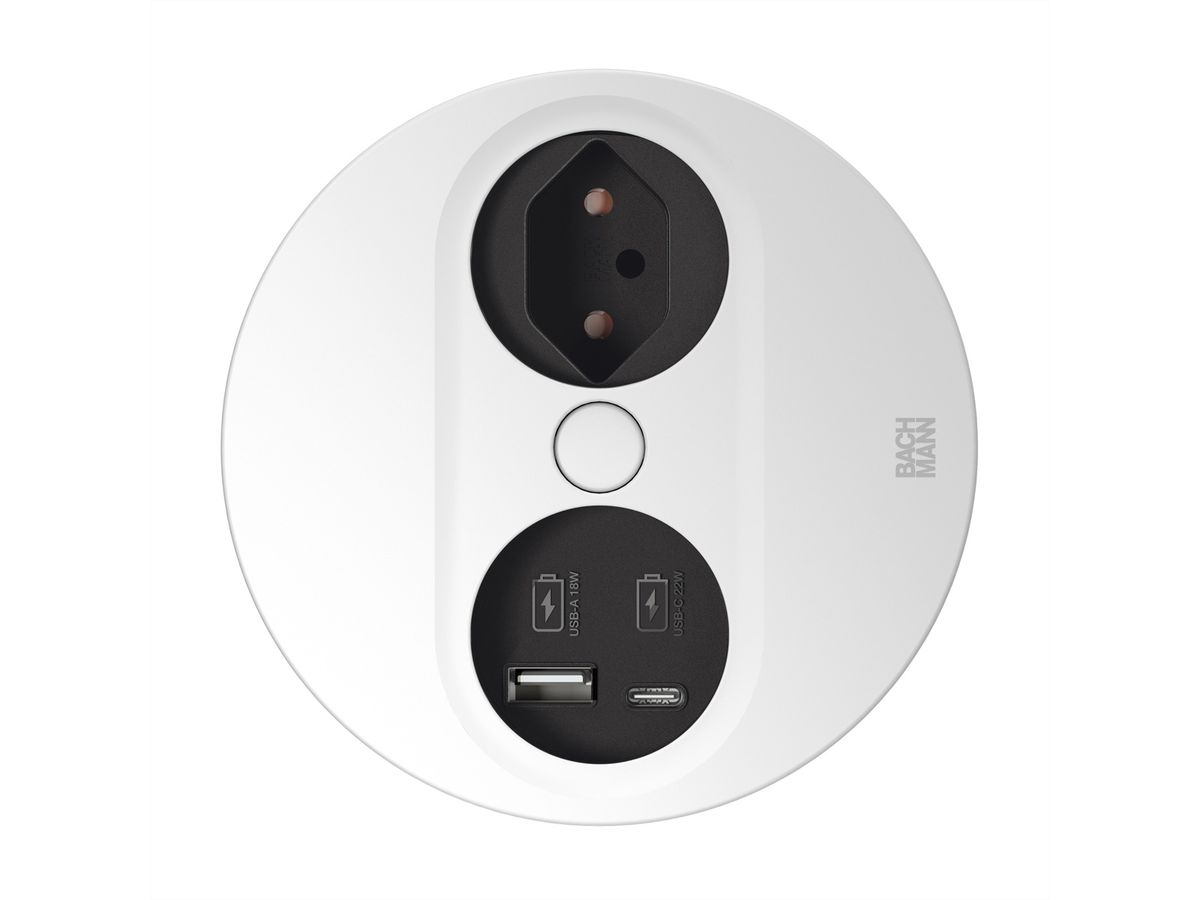 BACHMANN TWIST2 1xCH 1xUSB A/C 22W, L=0,2m RAL9010 30GE rund