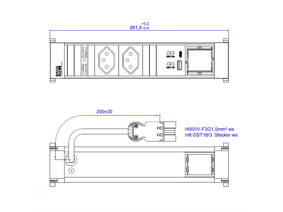 BACHMANN POWER FRAME 2xCH 0° 1xCM 1xUSB A/C 22W 0,2m GST18,weiss