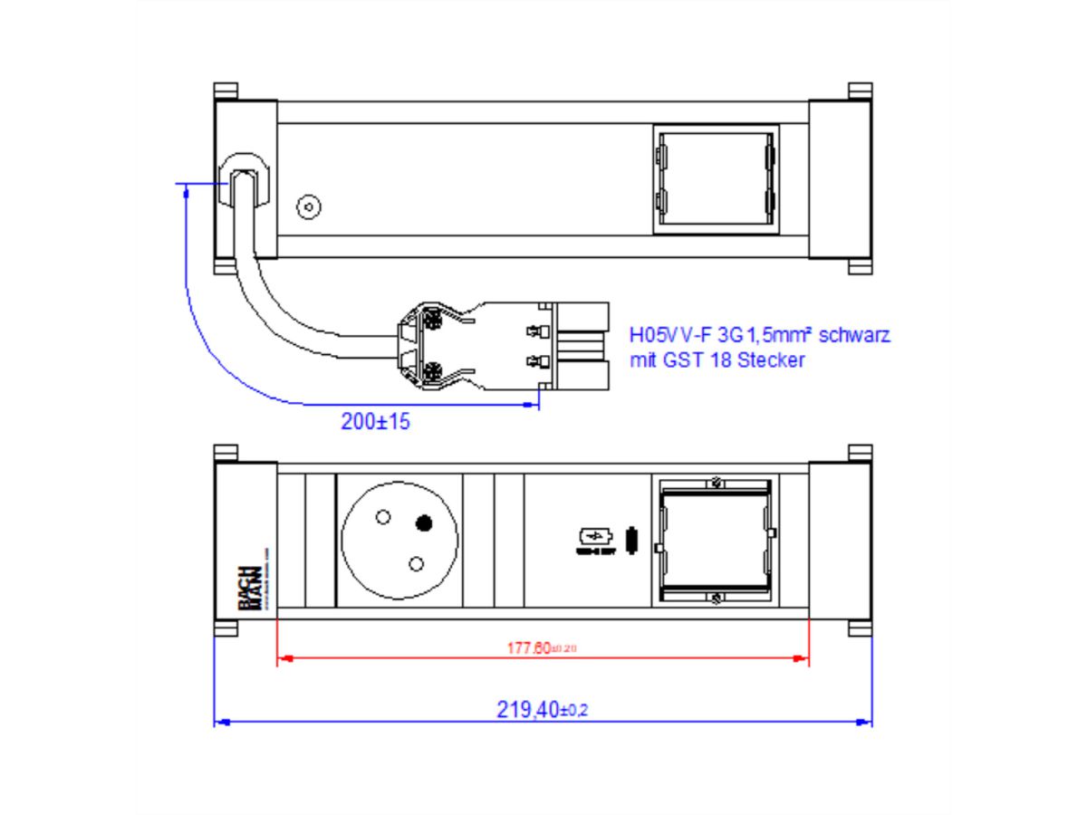 BACHMANN POWER FRAME S 1xUTE 1xUSB C 30W 1xCM 0,2m GST18
