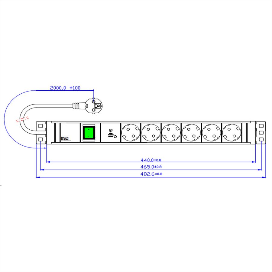BACHMANN 19" 1,5HE 6xCEE7/3 1xSchalter 1xSPD-Plus 2,0m CEE7/7