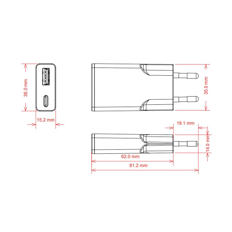 VALUE USB Charger mit Euro-Stecker, 2 Ports Typ A+C, 20W