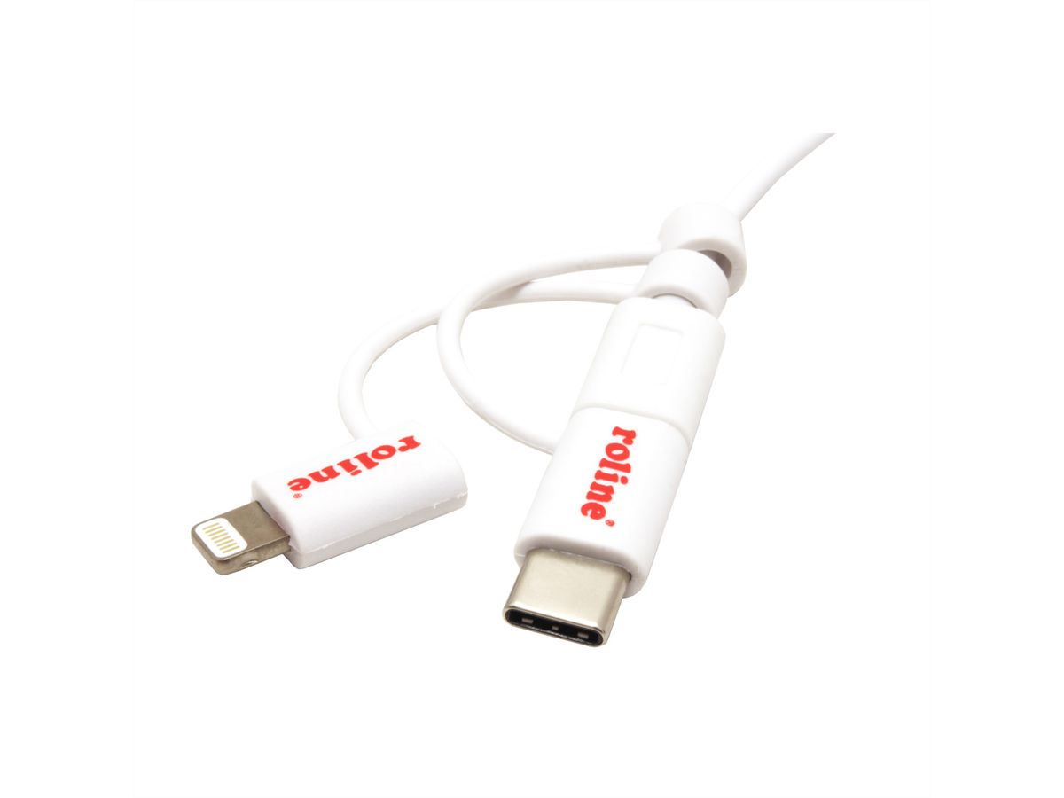 ROLINE USB 2.0 Sync- & Ladekabel Typ A - Typ C / 8-Pin / USB MicroB, weiß, 1 m