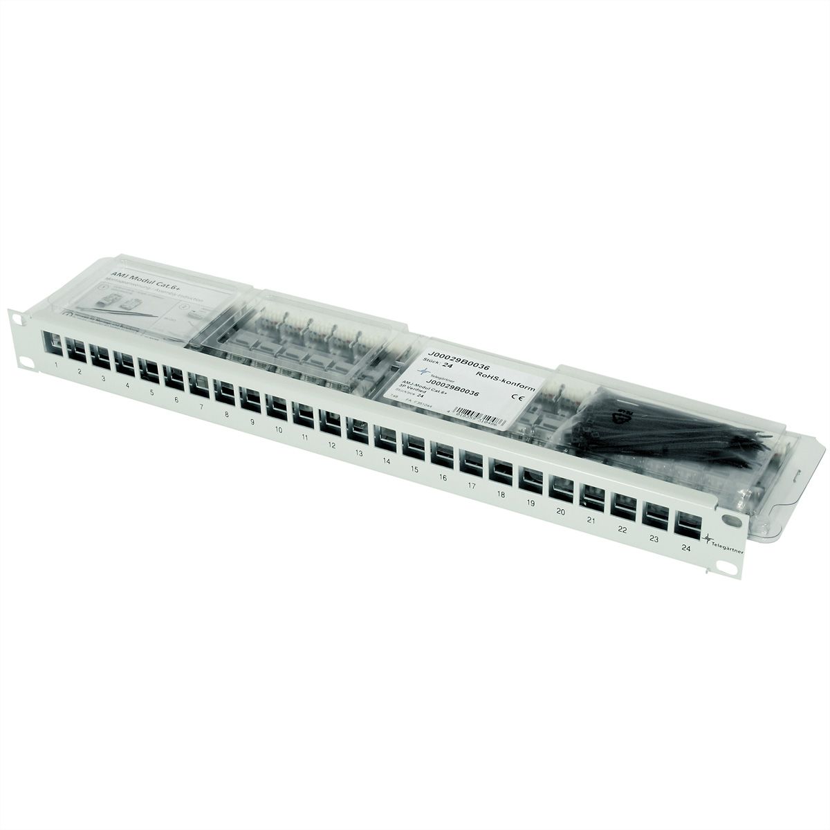 TELEGÄRTNER 19"-Modulträger 1 HE, mit 24 AMJ-Modulen Cat.6A (Class EA) (ISO/IEC), grau