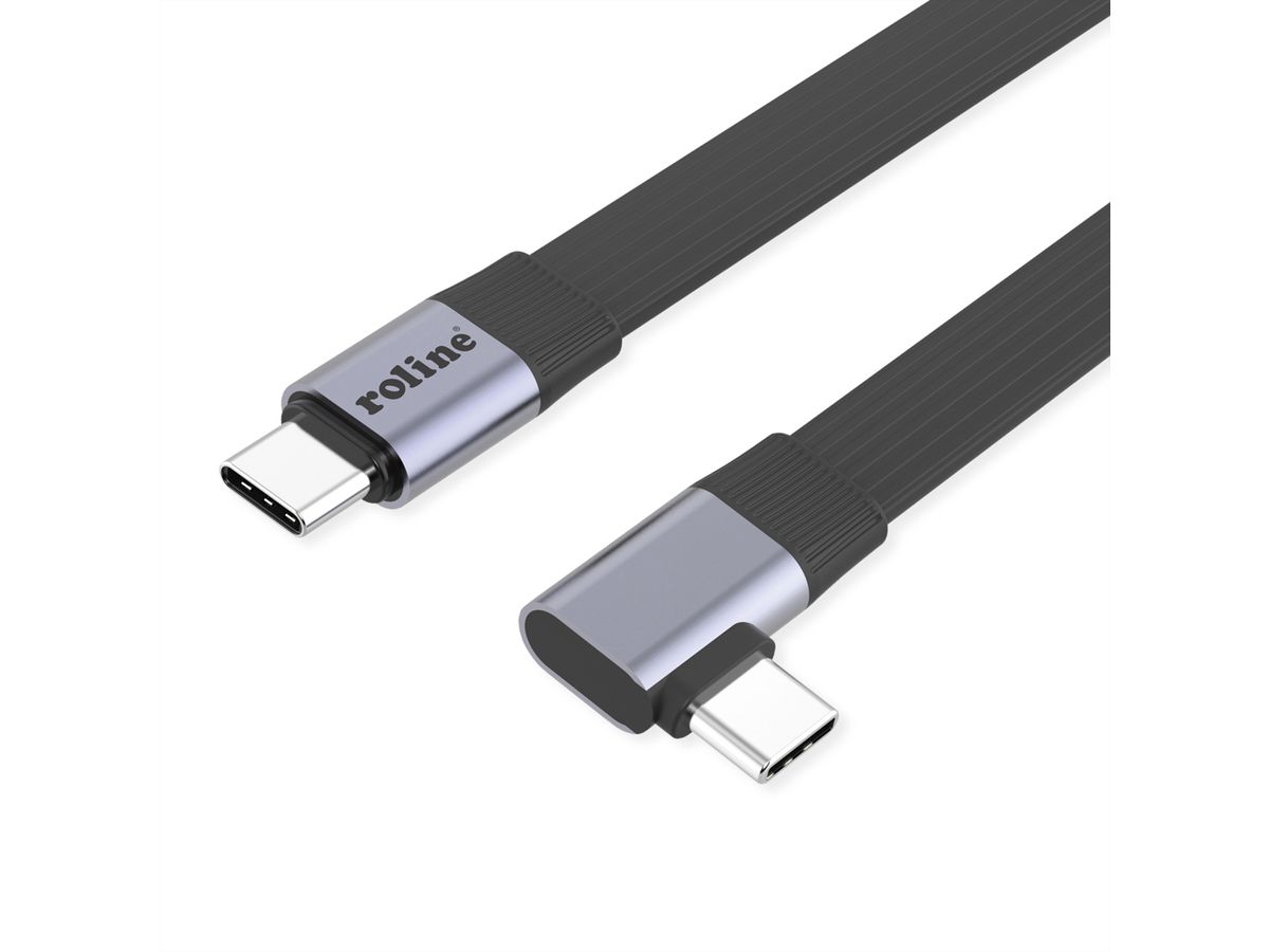 ROLINE USB4 2.0 Flachkabel, C–C, ST/ST einseitig 90°-gewinkelt, 8K UHD-2, 80Gbit/s, 240W, schwarz, 0,13 m