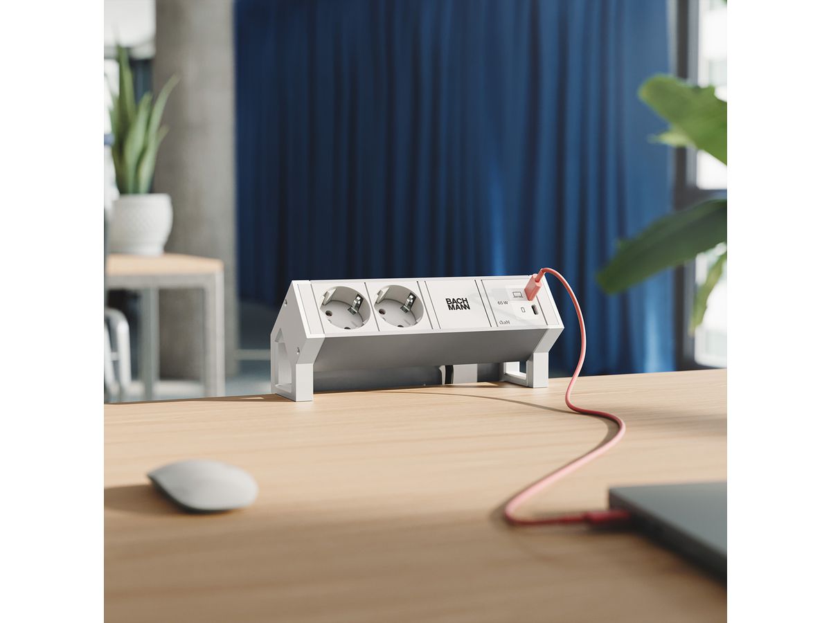 BACHMANN DESK2 ALU WHITE 2xCEE7/3, 1xUSB C/C 65W L=0,2m RAL9010