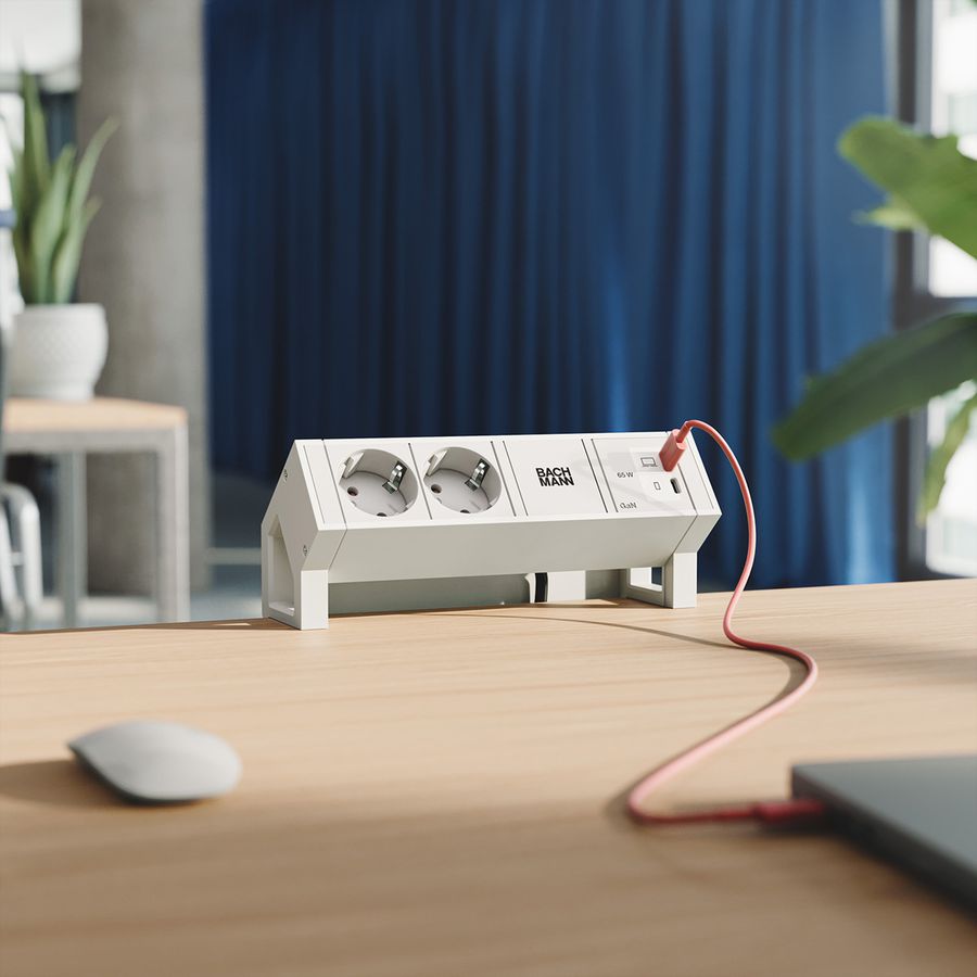 BACHMANN DESK2 PURE WHITE 2xCEE7/3, 1xUSB C/C 65W L=0,2m RAL9010