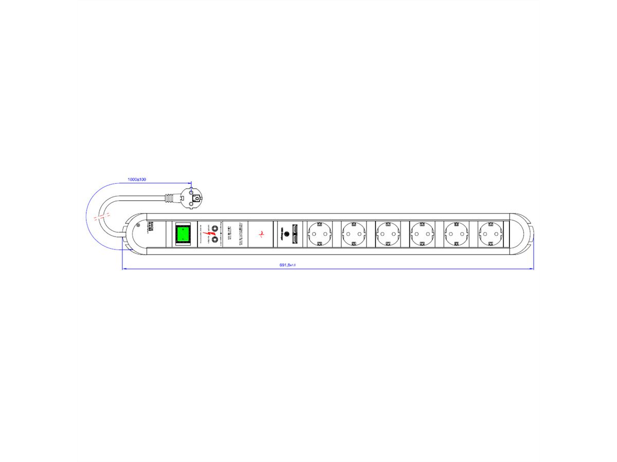 BACHMANN PRIMO Steckdosenleiste 6x Schutzkontakt, Gerätevollschutz, Schalter, USB-Charger, 1,75 m