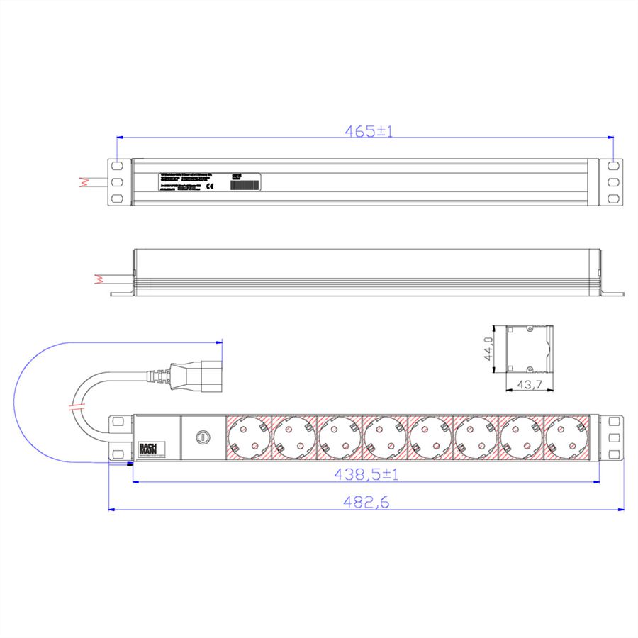 BACHMANN 19" Steckdosenleiste 8-fach, 2300W, IEC320 C14 Stecker, Zugangskabel lang, 8 m