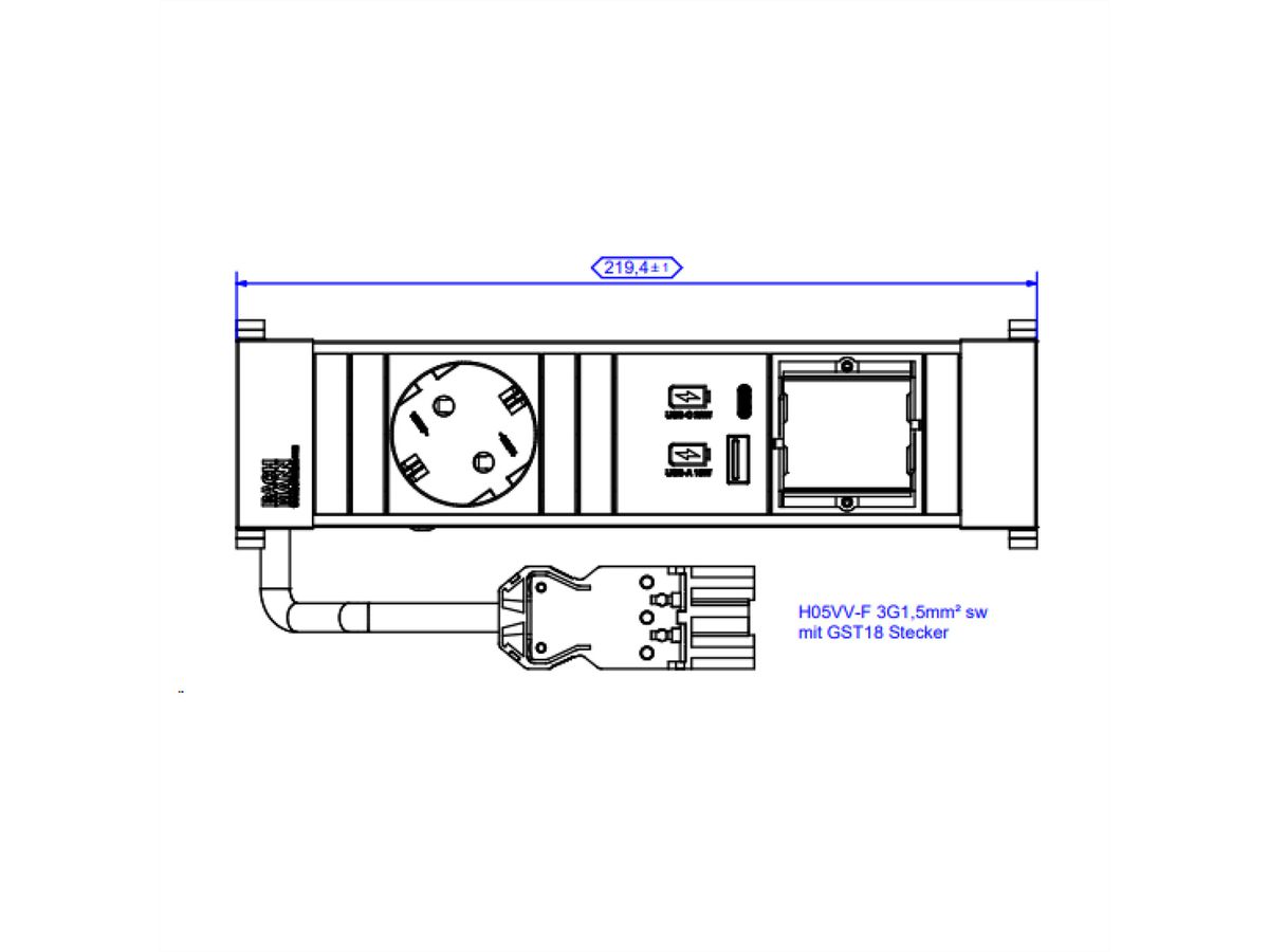 BACHMANN POWER FRAME S 1xCEE7/3 1xCM, 1xUSB 22W 0,2m GST18