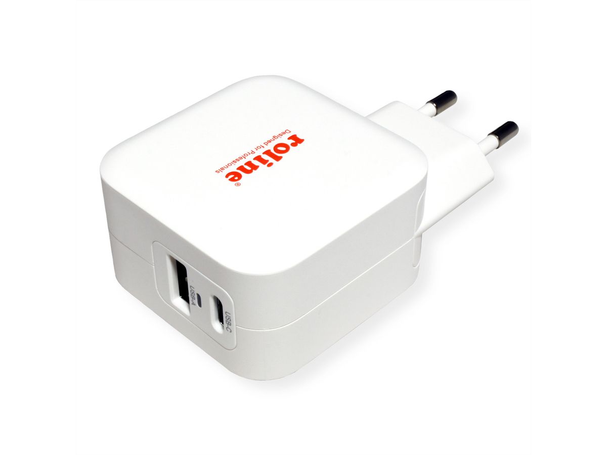 ROLINE USB Charger mit Euro-Stecker, 2 Port (Typ-A QC3.0, Typ-C PD), 38W