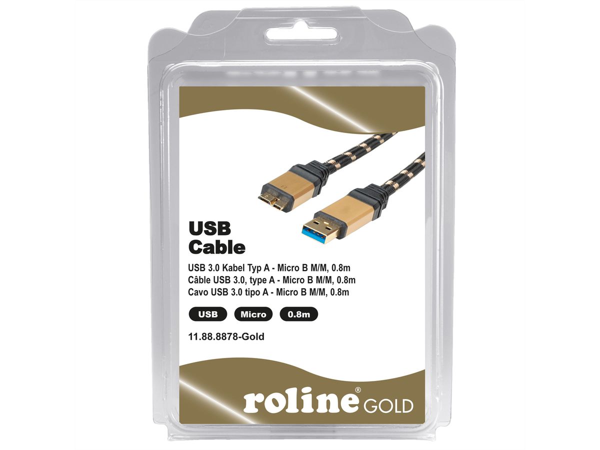 ROLINE GOLD USB 3.2 Gen 1 Kabel, USB A - Micro B, ST/ST, Retail Blister, 0,8 m