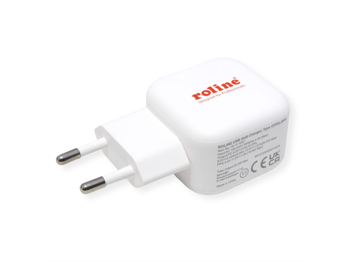 ROLINE USB Charger mit Euro-Stecker, 1 Port Typ-C, GaN, 20W