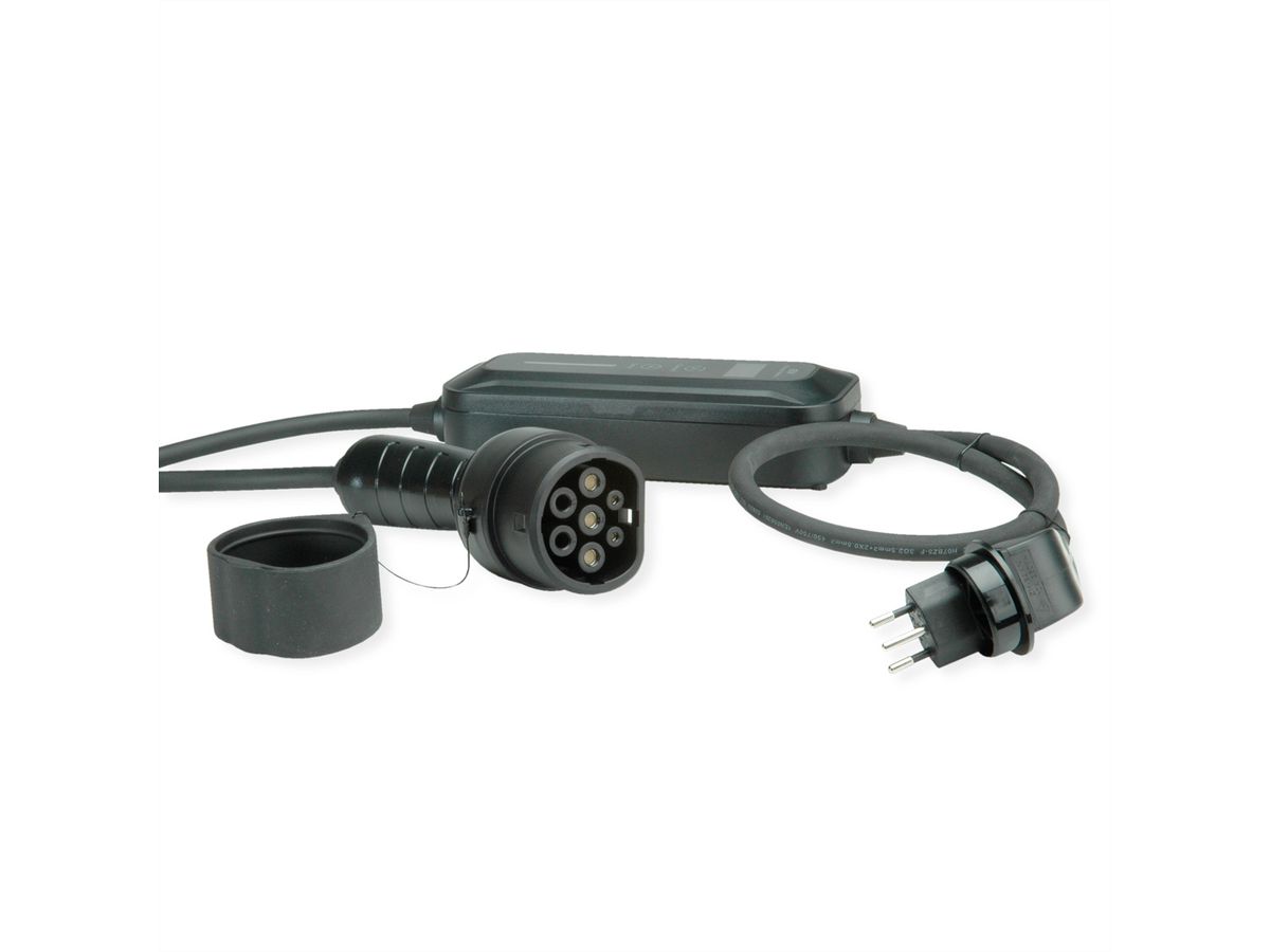 ROLINE Tragbares E-Auto Ladegerät, T12 (CH, Typ J) & Typ2 Stecker, 1-phasig, Mode 2, 10 A, 2,3 kW, 5 m