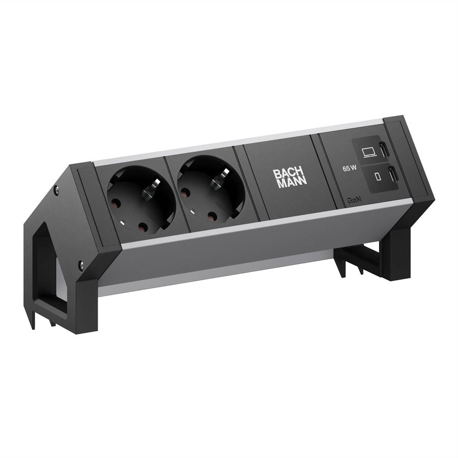 BACHMANN DESK2 ALU BLACK 2xCEE7/3, 1xUSB C/C 65W L=0,2m