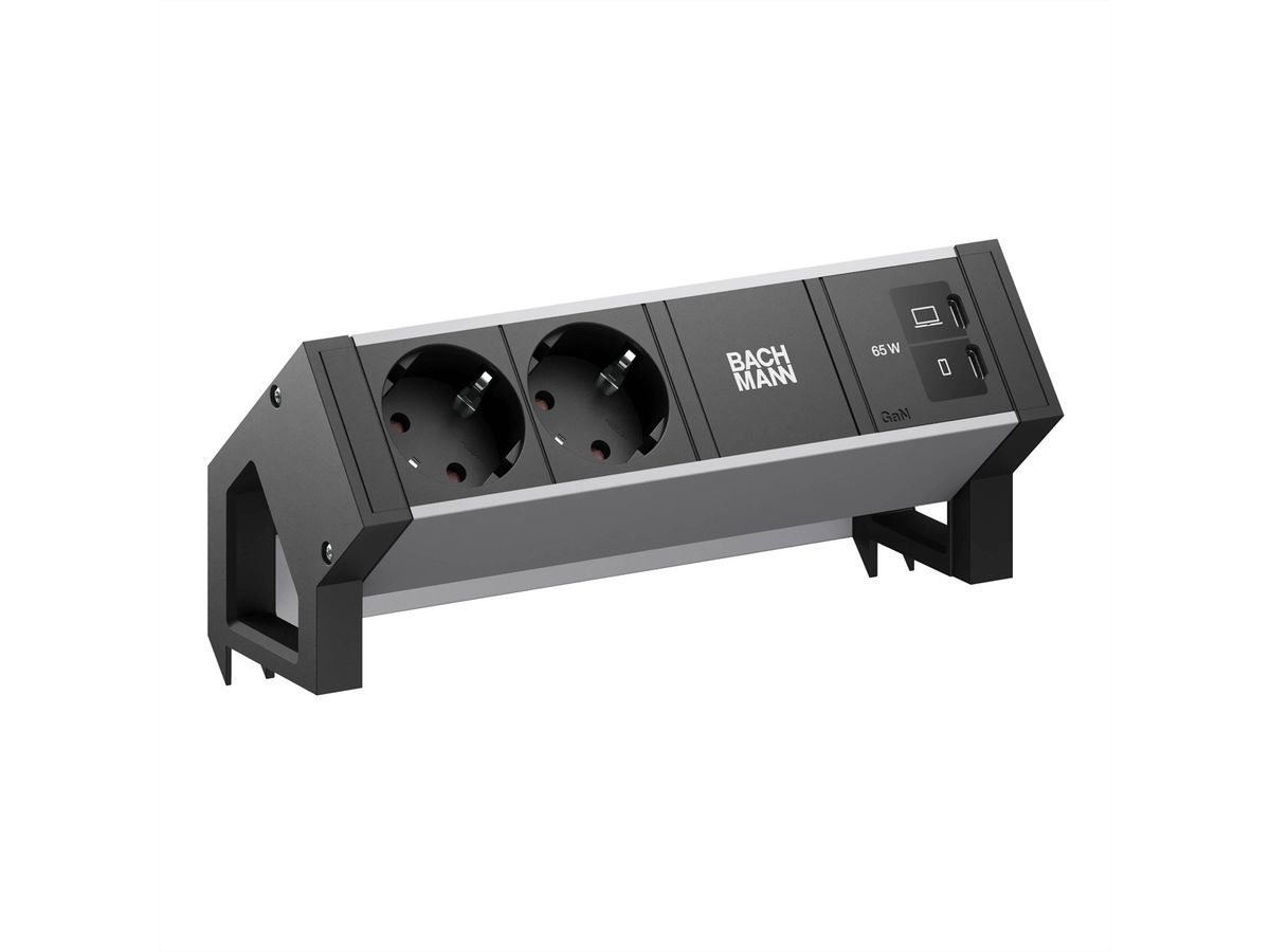 BACHMANN DESK2 ALU BLACK 2xCEE7/3, 1xUSB C/C 65W L=0,2m