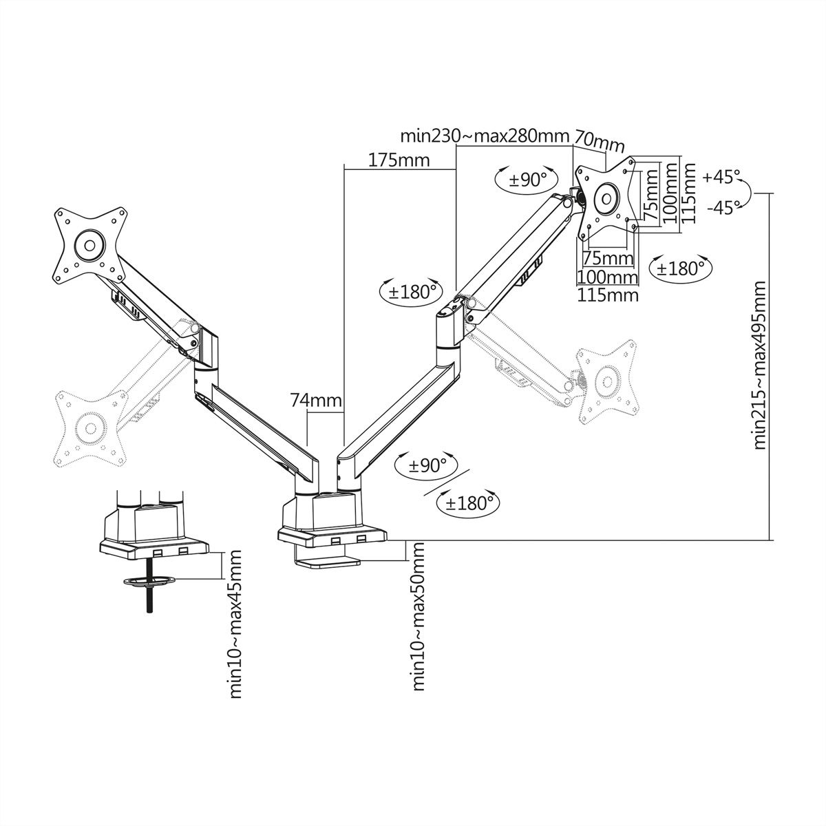 ROLINE LCD-Doppelarm, Tischmontage, Gasfeder, 5 Gelenke, 17-32 Zoll, bis 2x 9 kg, silberfarben