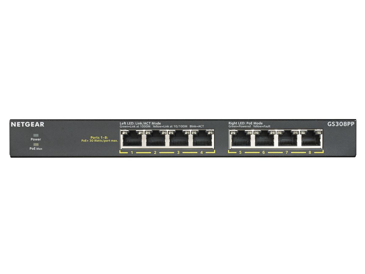 Netgear GS308PP Unmanaged Gigabit Ethernet (10/100/1000) Power over Ethernet (PoE) Schwarz