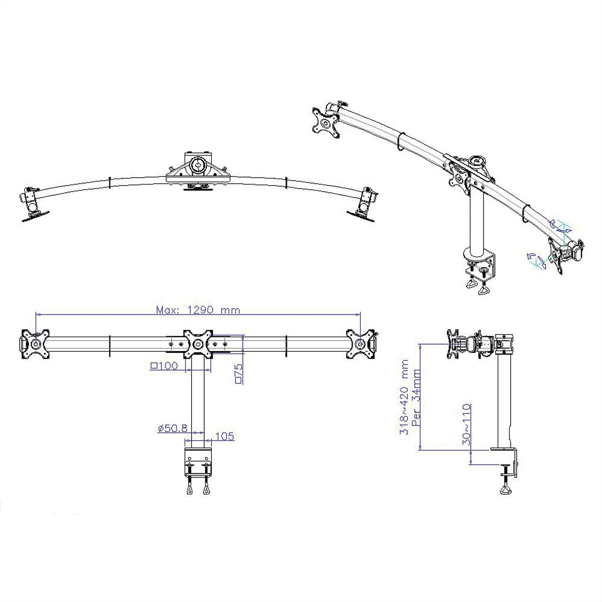 VALUE LCD-Triple-Arm Trägerstange, schwarz, Tischmontage, bis 3x 8 kg