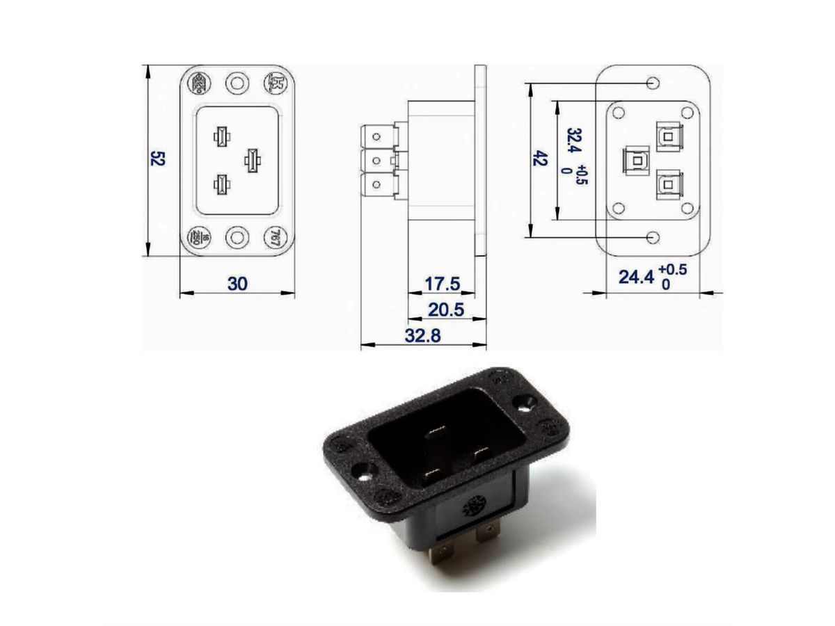 BACHMANN Kaltgeräteeinbaustecker IEC320 C20, schwarz, Thermoplast,Schraubanschluss