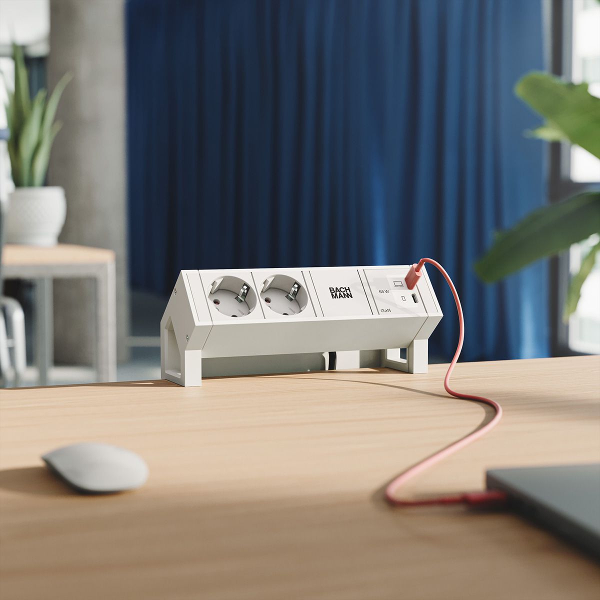 BACHMANN DESK2 PURE WHITE 2xCEE7/3, 1xUSB C/C 65W L=0,2m RAL9010