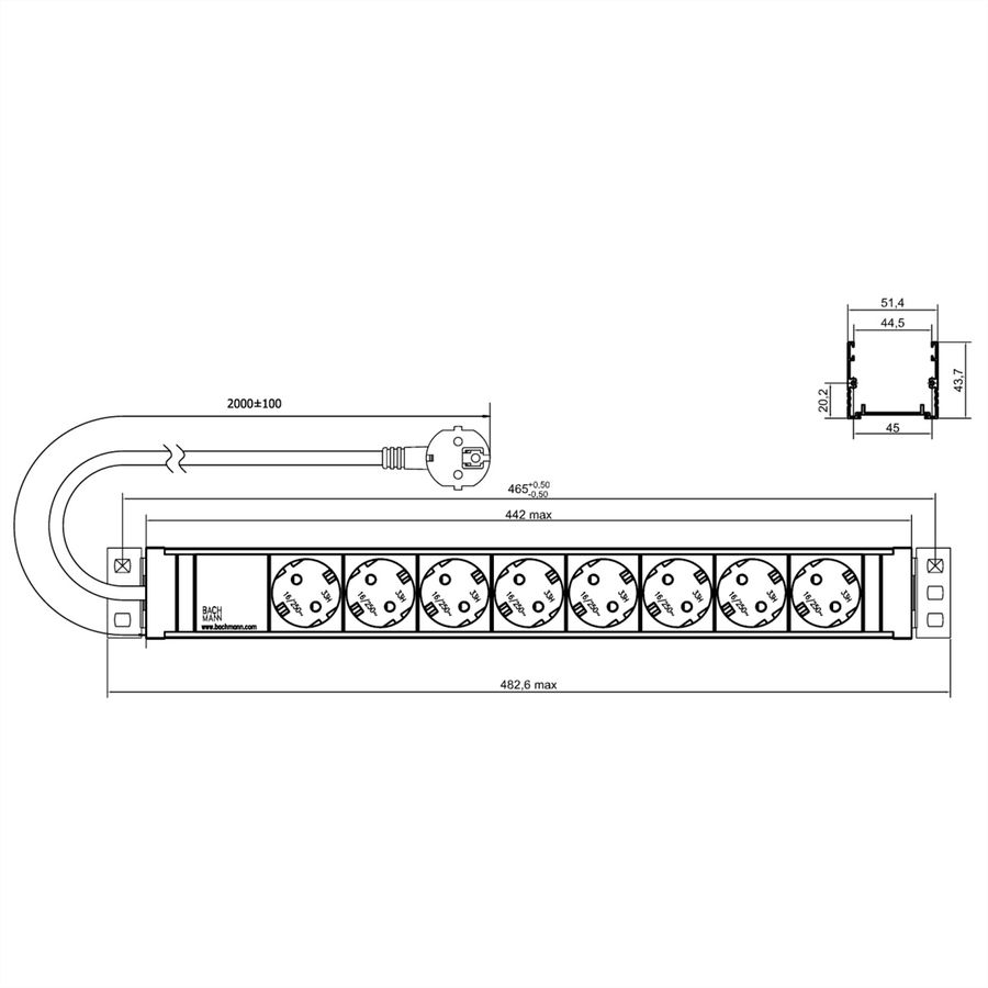 BACHMANN 19" 1,5HE 8xCEE7/3 ws Strom 2,0m CEE7/7