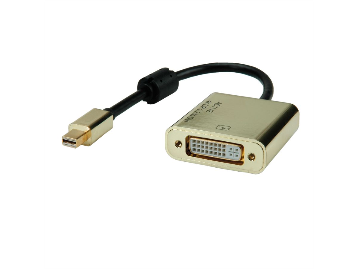 ROLINE GOLD 4K MiniDP-DVI Adapter, Aktiv, v1.2, MiniDP ST - DVI BU, Retail Blister