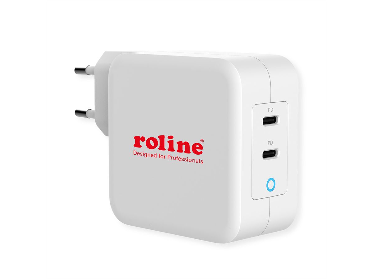 ROLINE USB Charger mit Euro-Stecker, 2 Port Typ-C (PD), GaN, 100W