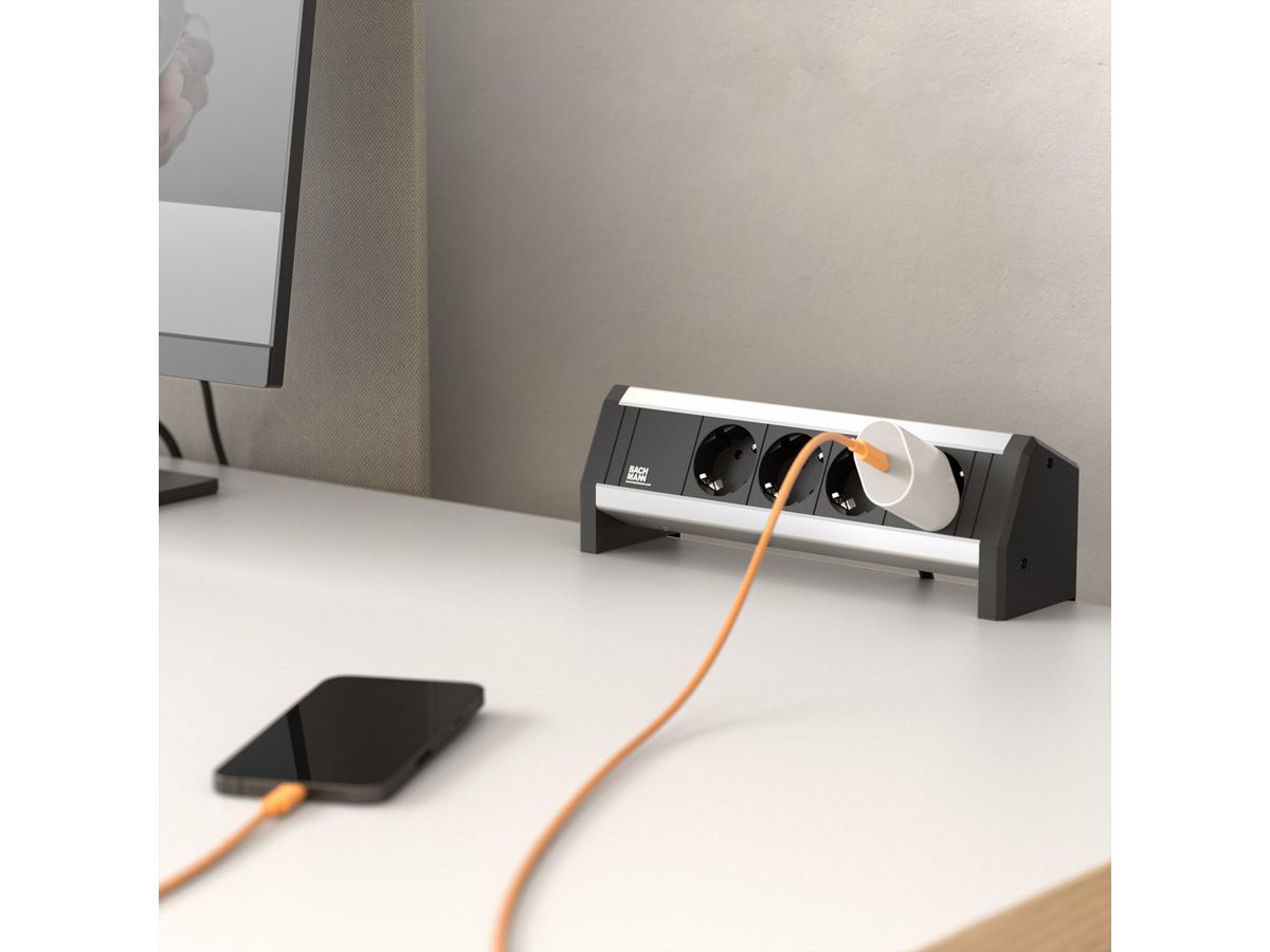 BACHMANN DESK 4x Schutzkontakt mit fest verbundenem Anschlusskabel, schwarz, 3 m