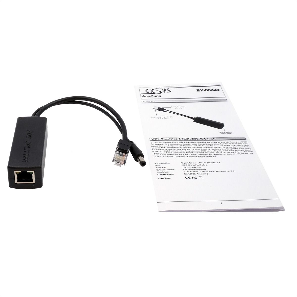 EXSYS EX-60320 10/100Mbps 802.3at PoE+ Splitter