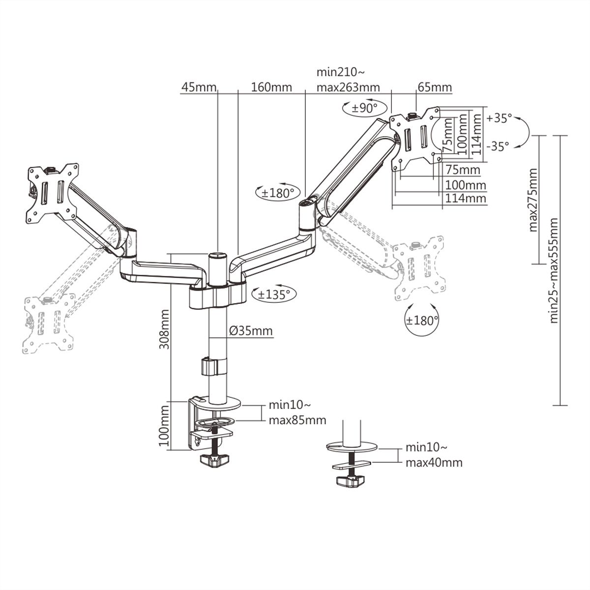 VALUE Dual LCD-Arm Trägerstange, 4 Gelenke, Tischmontage, 17-32 Zoll, bis 2x 9 kg