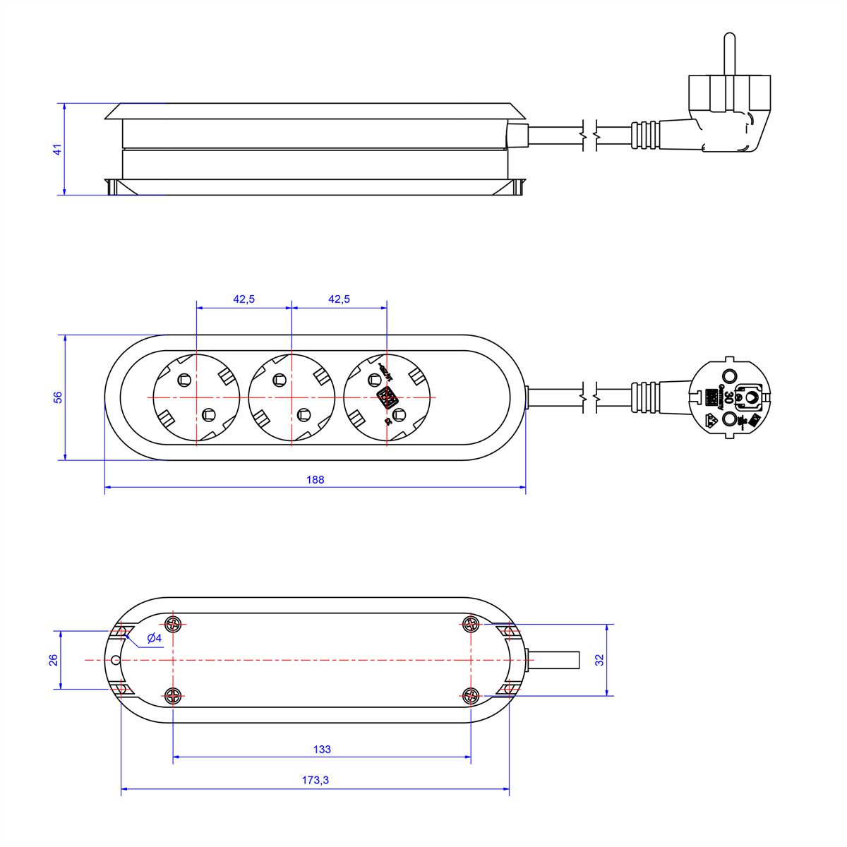 BACHMANN SMART Steckdosenleiste 3x Schutzkontakt, geschraubt, weiß, 3 m