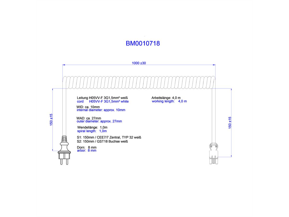 BACHMANN Spiralleitung H05VV-F 3G1,5mm² L:1,0m ws ISV/CEE7/7