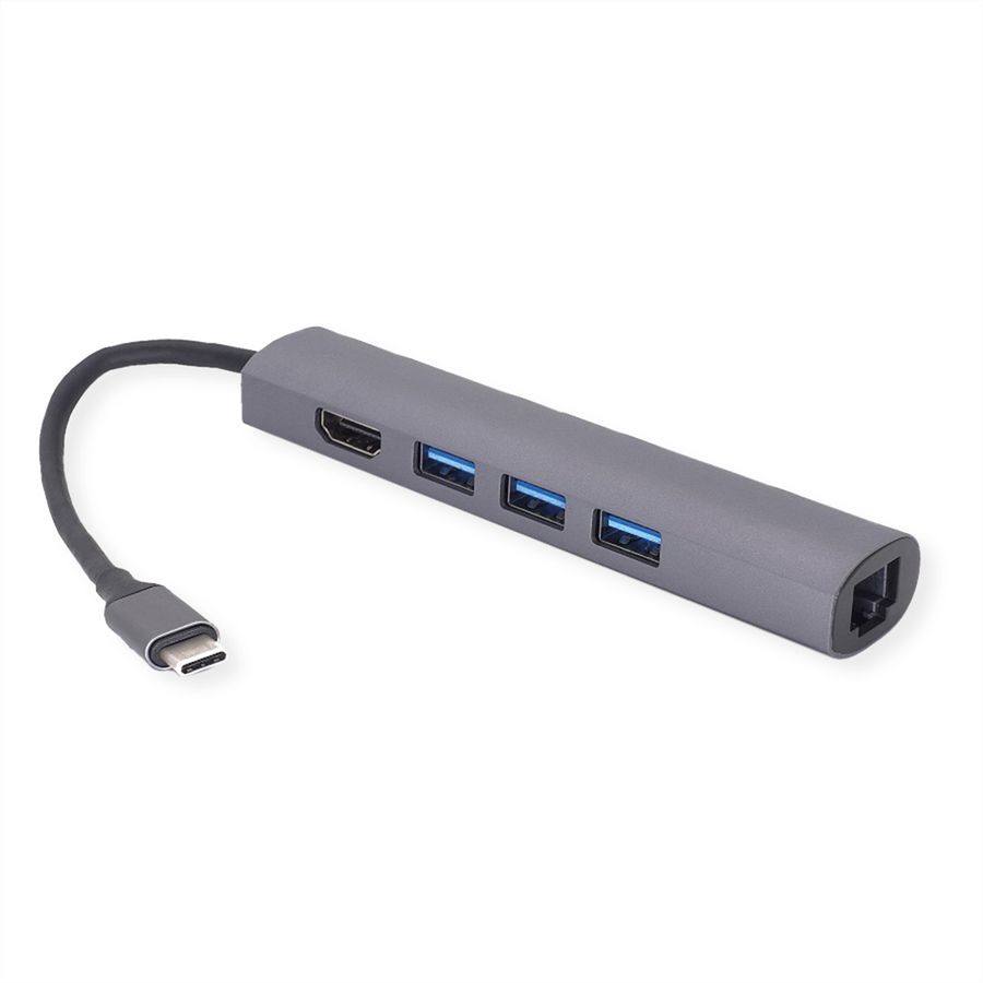 VALUE USB-C Dockingstation, HDMI 4K, 3x USB Typ A, Gigabit Ethernet, grau