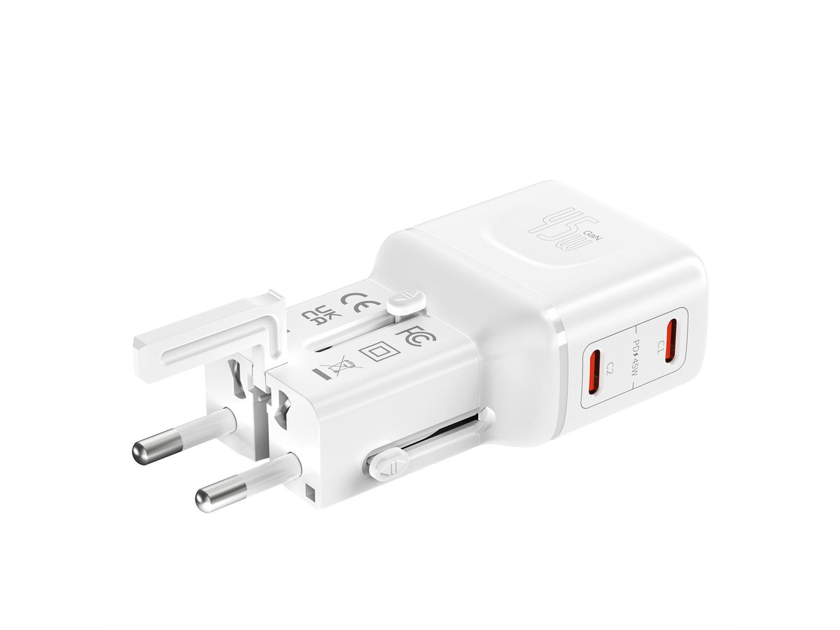 VALUE USB Reise-Charger mit Euro-Flach-/UK-/US-Stecker , 2x USB-C-Anschlüsse, 45 W