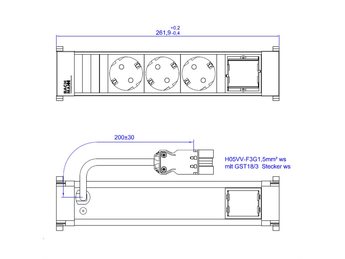BACHMANN POWER FRAME 3xCEE7/3 1xCM 0,2m GST18 RAL9010
