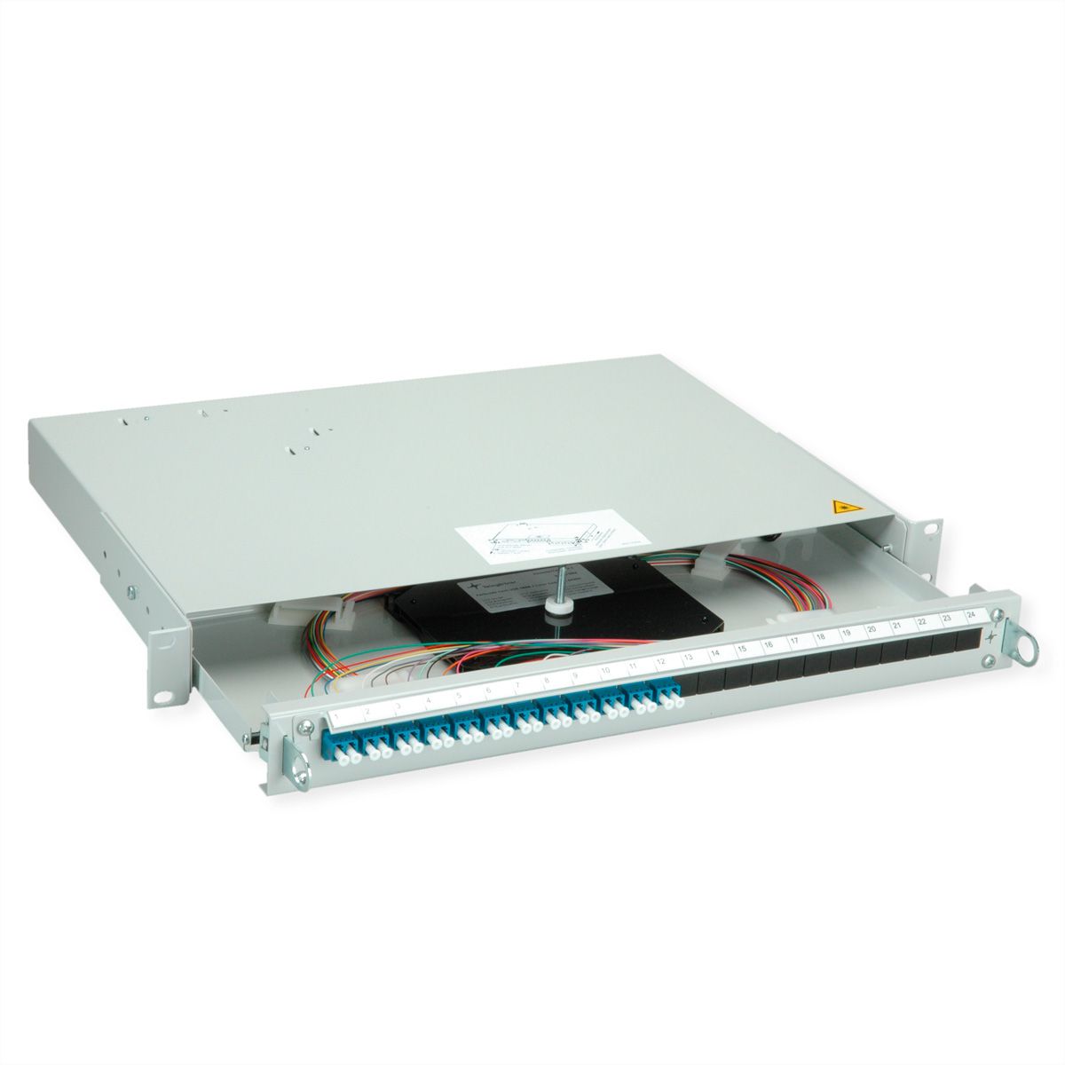 TELEGÄRTNER PROFI V LWL-Panel mit Kupplungen & Pigtails, 12x LC Duplex, blau, OS2 PC, Grade B