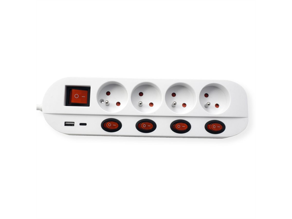 ROLINE 4-fach Steckdosenleiste mit Schalter, UTE Version, USB-Charger A+C, 3 m