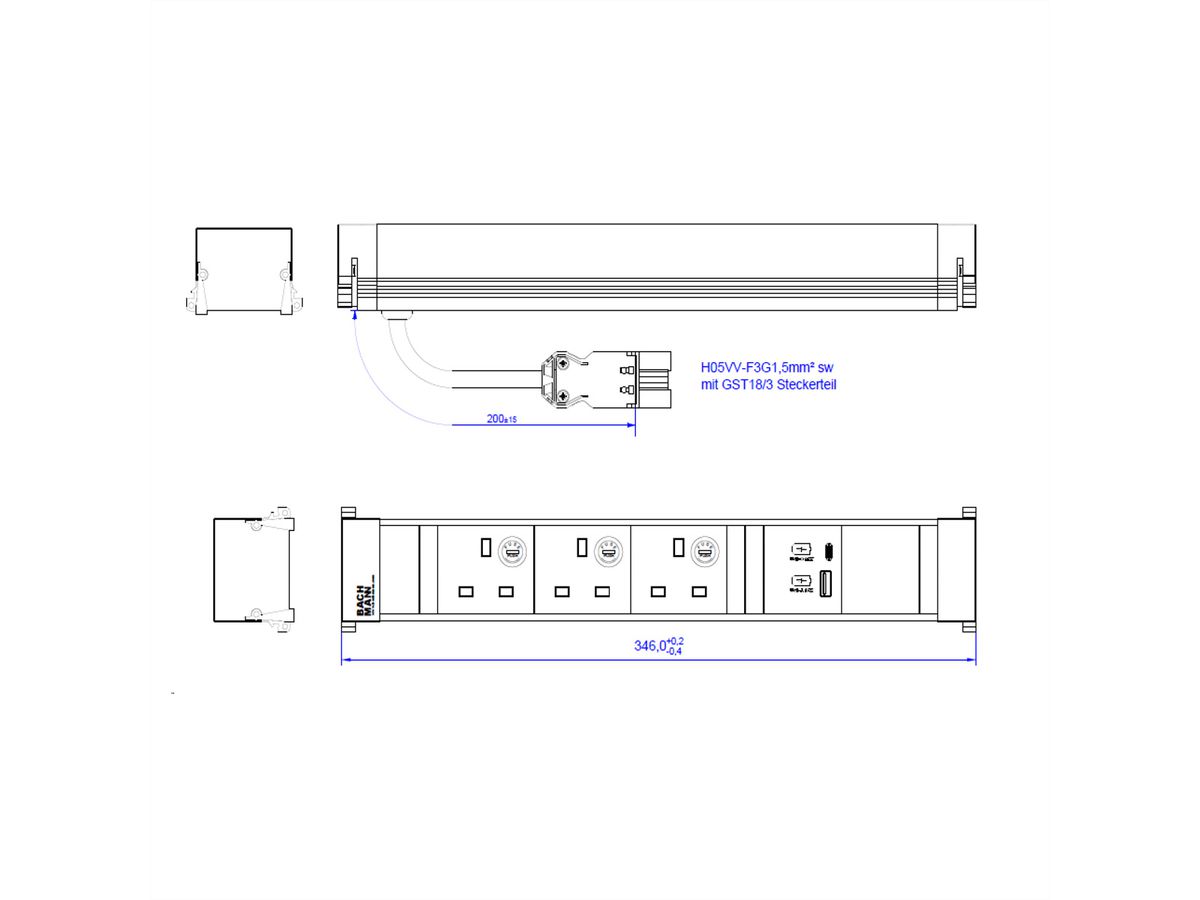 BACHMANN POWER FRAME L 3xUK, 1xUSB A/C 22W 0,2m GST18 United Kingdom