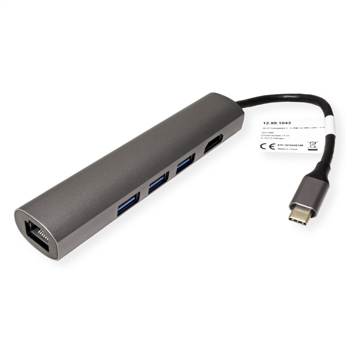 VALUE USB-C Dockingstation, HDMI 4K, 3x USB Typ A, Gigabit Ethernet, grau