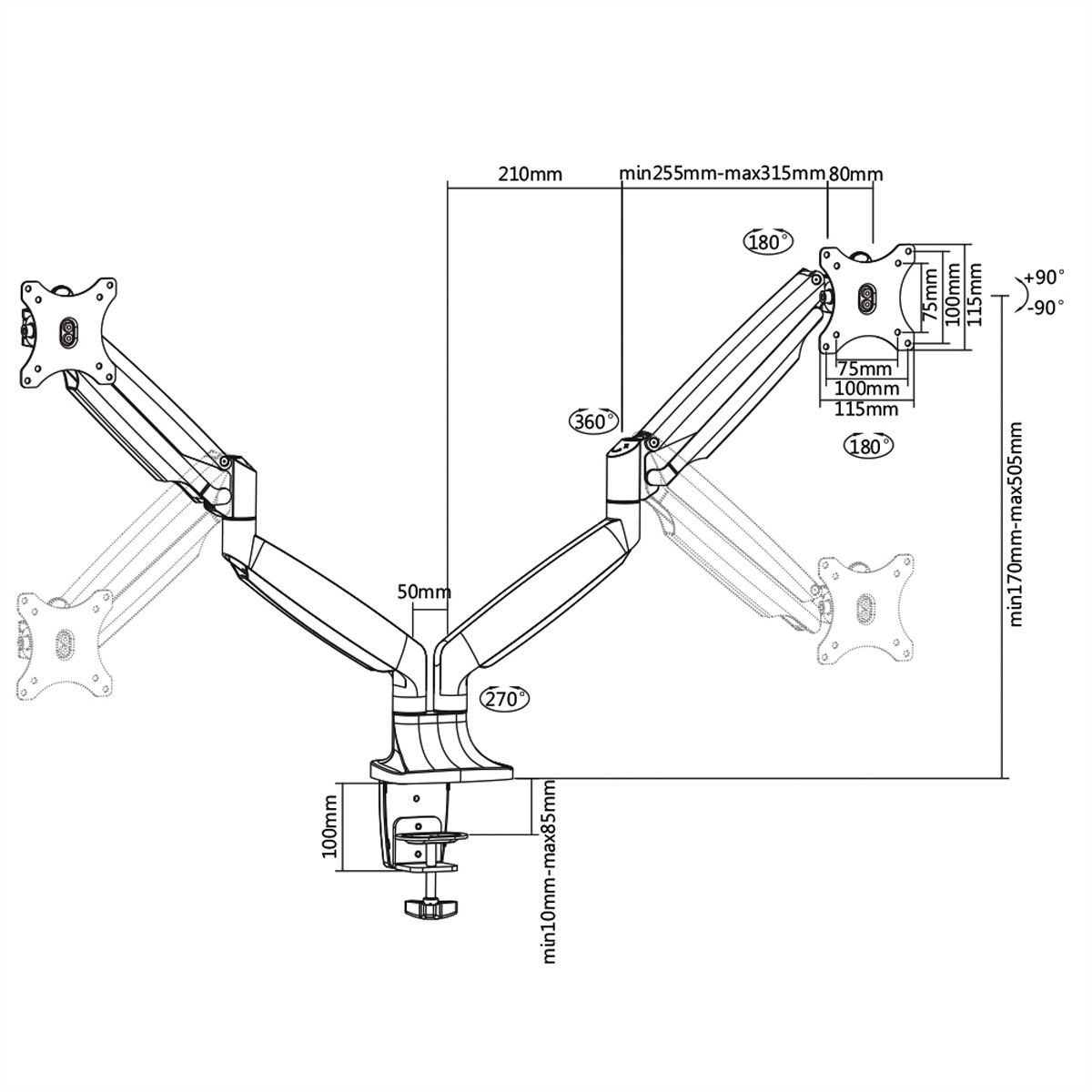 VALUE LCD-Doppelarm, Tischmontage, Gasfeder, 6 Gelenke, bis 32 Zoll, bis 2x 9 kg