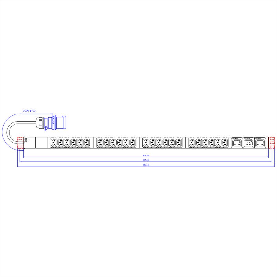 BACHMANN IT PDU ALU 1HE 24x C13 3x C19 Stecker CEE L+N+PE 16A blau