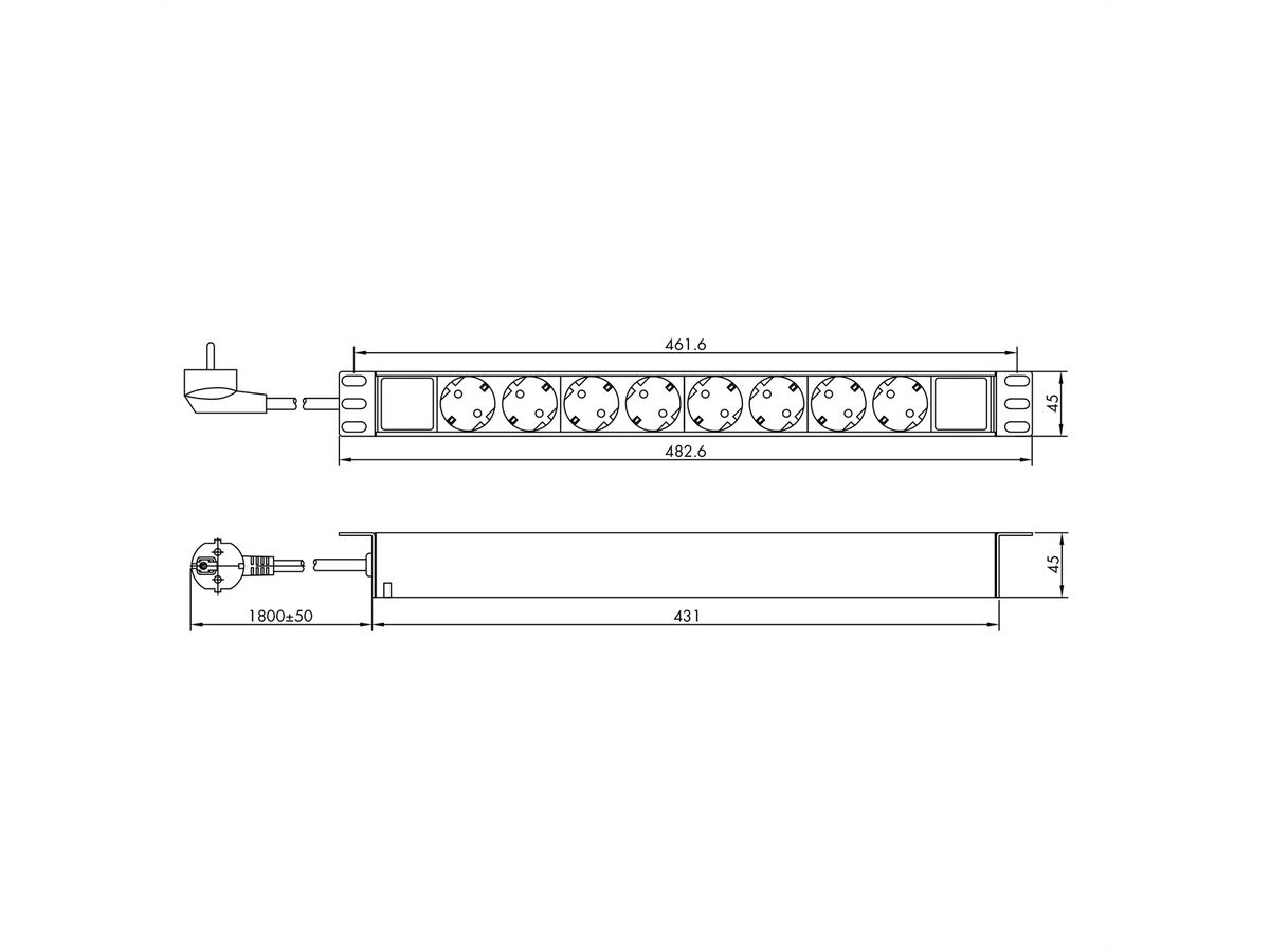 VALUE 19"-Steckdosenleiste 8fach, 1 HE, Schutzkontakt-Stecker, 3 m