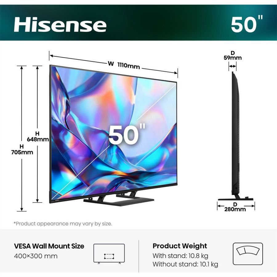 Hisense TV 50A7DS 50", QLED 4K, 60Hz, 350 Nits