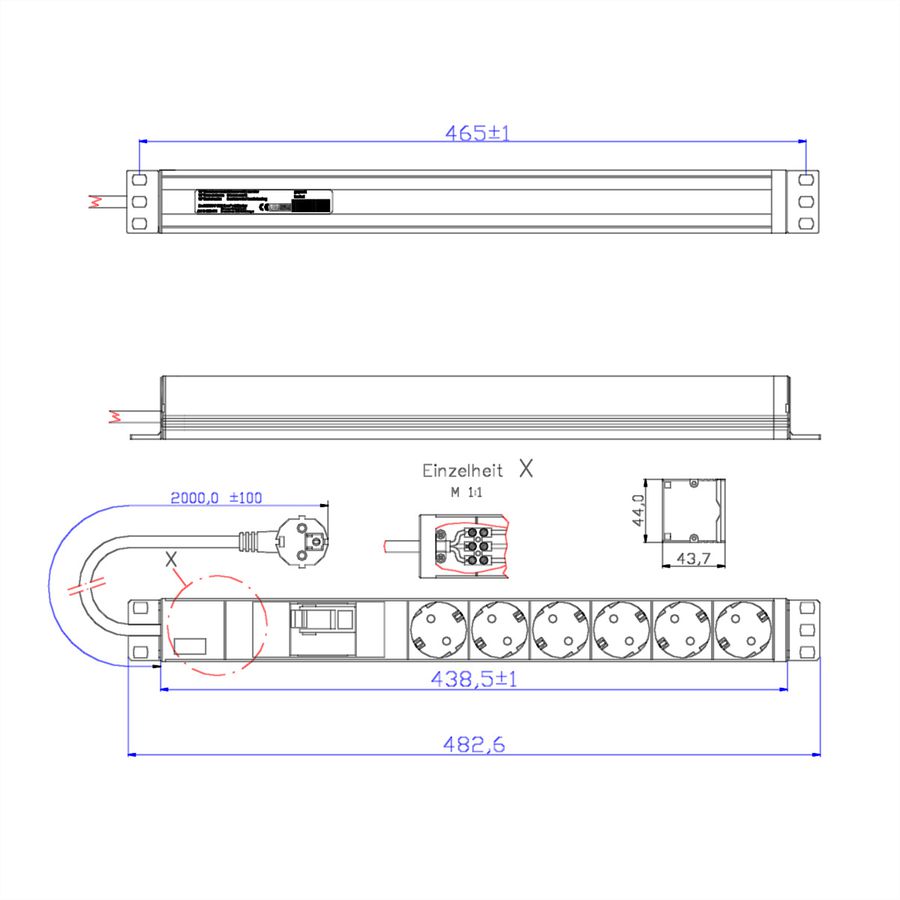 BACHMANN 19" 1HE 6xCEE7/3 1xFI Strom 2,0m CEE7/7