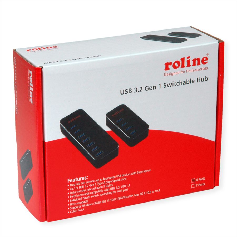 ROLINE USB 3.2 Gen 1 Notebook Hub, 4 Ports, einzeln schaltbar, schwarz