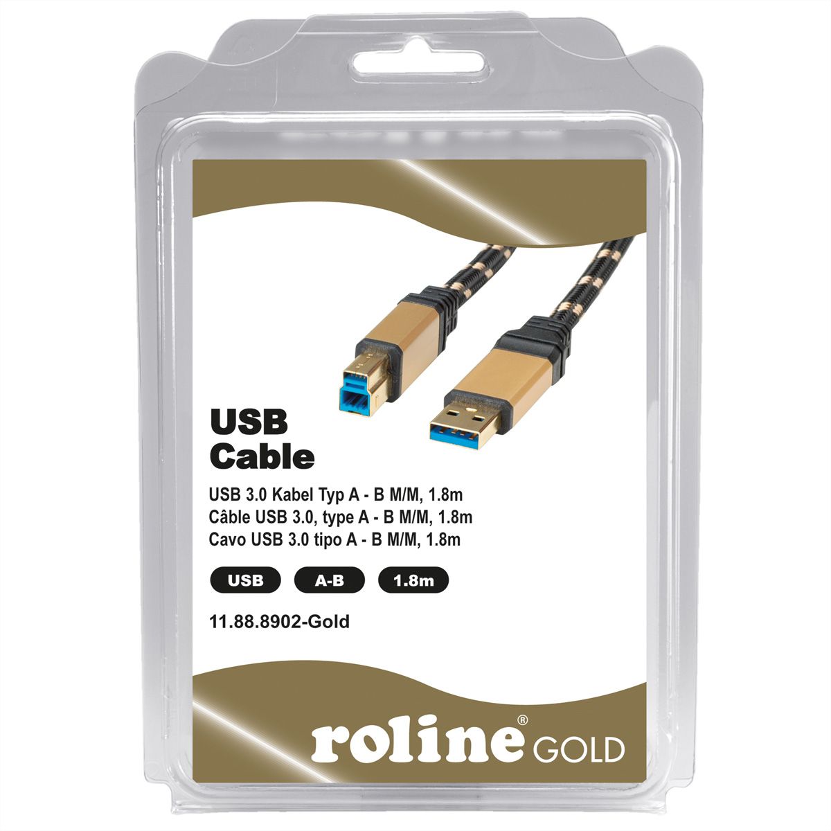 ROLINE GOLD USB 3.2 Gen 1 Kabel, Typ A-B, Retail Blister, 1,8 m  