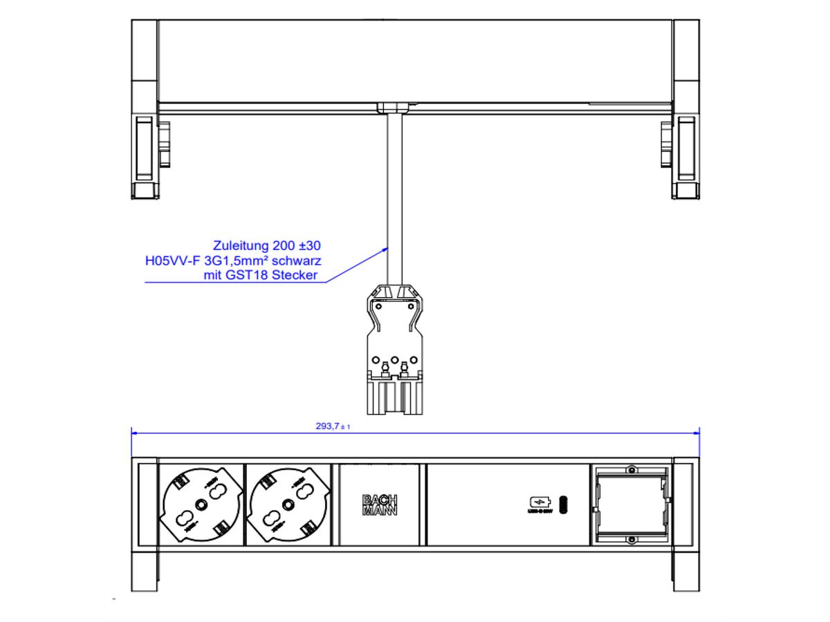 BACHMANN DESK2 ALU BLACK 2xP40 1xCM, 1xUSBC 60W 0,2m GST18 Italia