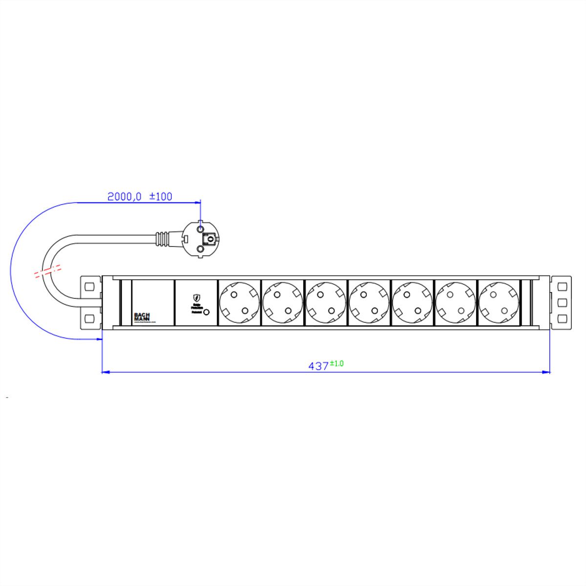 BACHMANN 19" 1,5HE 7xCEE7/3 ws 1xSPD-Plus 2,0m CEE7/7